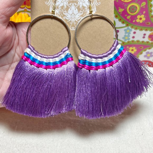 Large Fan Tassel Earrings Purple Hoops Long Smooth Silky Fringe Drop Dangles NWT - Picture 4 of 5